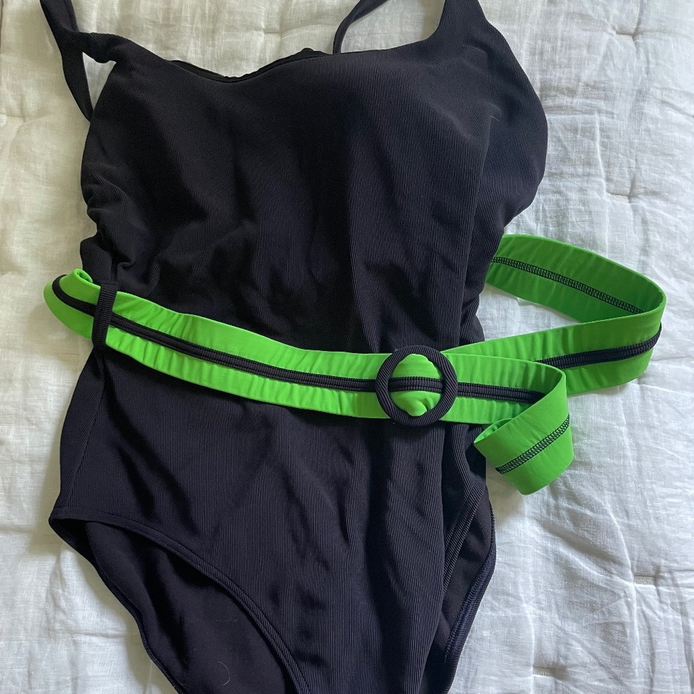 Eloquii Contrast Belt Navy and Green Swimsuit